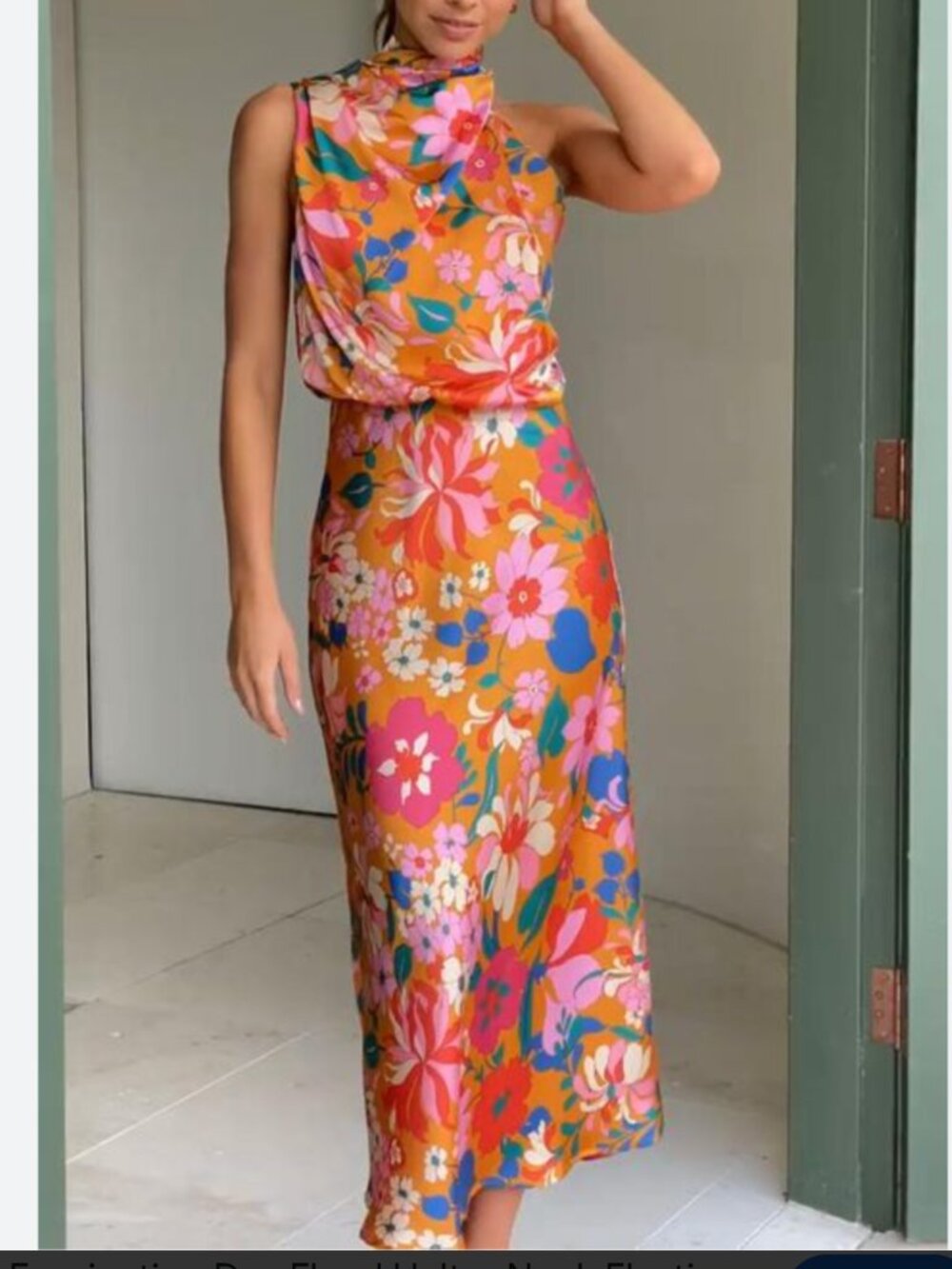 NWT Sage + Paije Satin Floral Halter Dress Size Large High Draped Neck Fall Chic - Picture 5 of 13